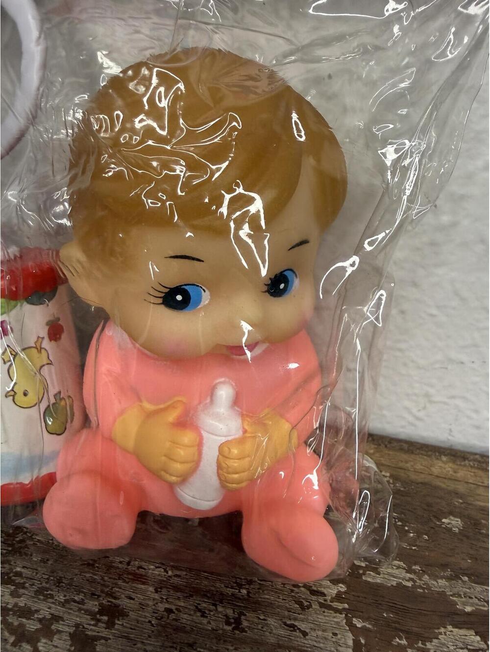 Vintage 70s Vinyl Squeaky Baby Toy with Rattle NEW - Picture 2 of 4